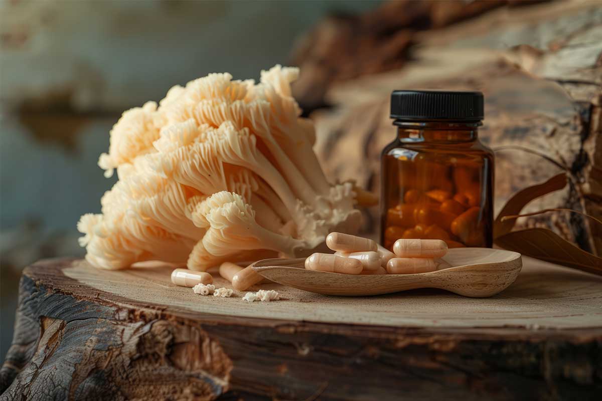 A beautiful white lion's mane mushroom placed on top of a tree bark, next to a brown glass jar with capsules in it and a black top, and some lion's mane powder capsules placed in front of these two on top of the tree bark