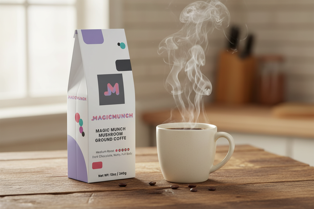 Outdated image of Magic Munch coffee container on a wooden cutting board next to a hot cup of freshly brewed coffee