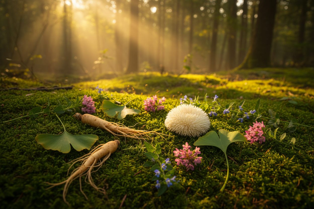 botanical nootropics laying in the moss-filled field of a forest with the sun shining through the tress