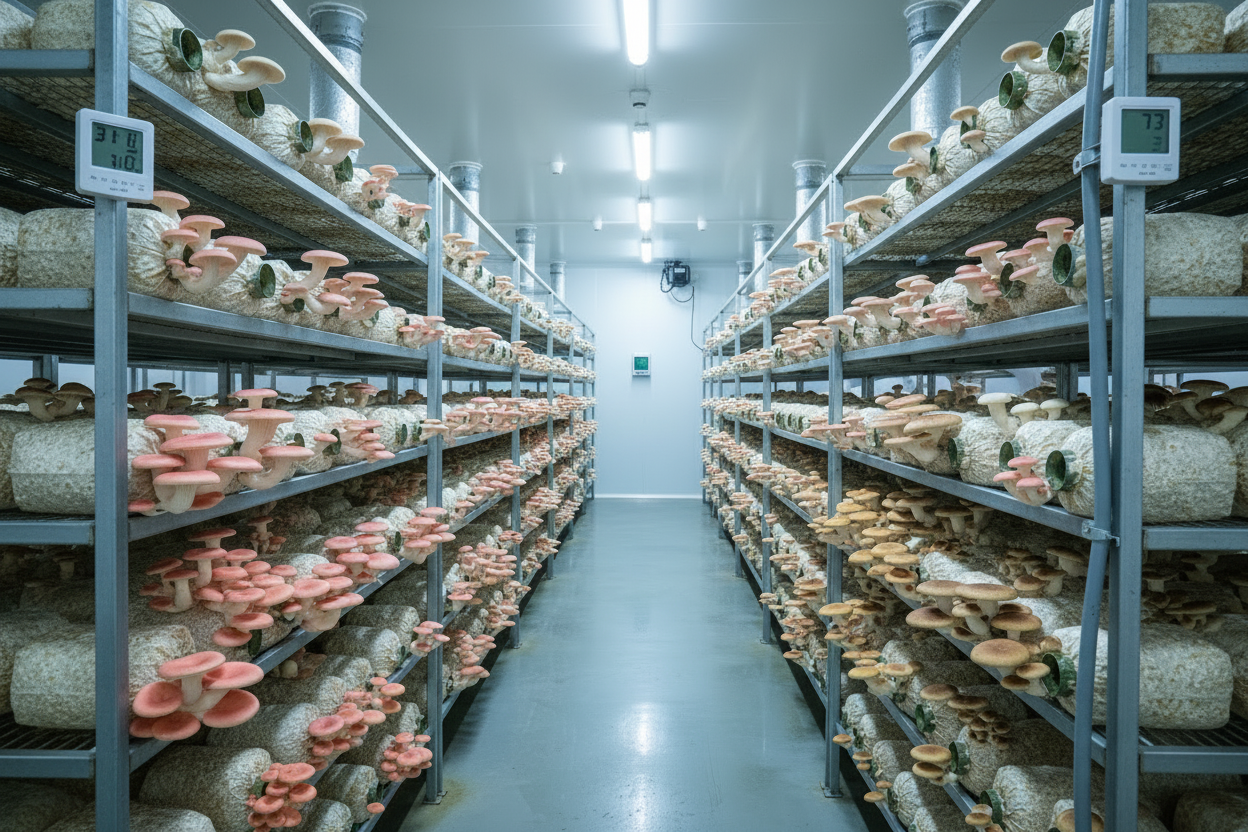 a room with two long racks with mushroom bags fruiting from the bags