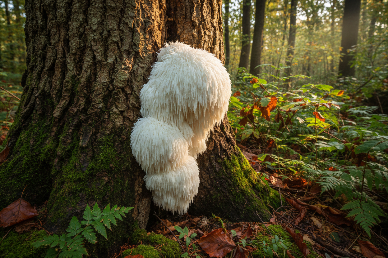 lion's mane mushroom growing in the trunk of a tree in a forest
