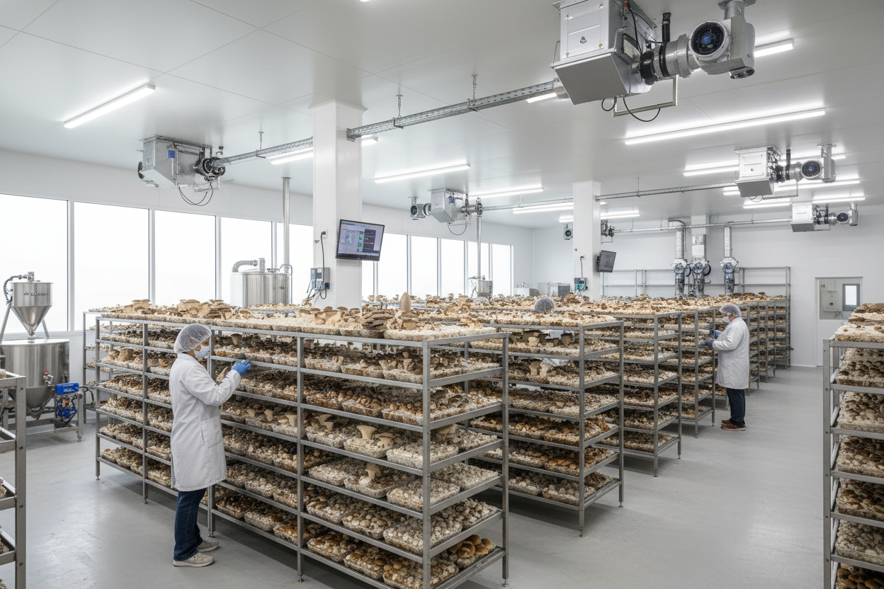 a-mushroom-manufacturing-and-cultivation-facility-with-mushrooms-in-racks-in-sterile-environment