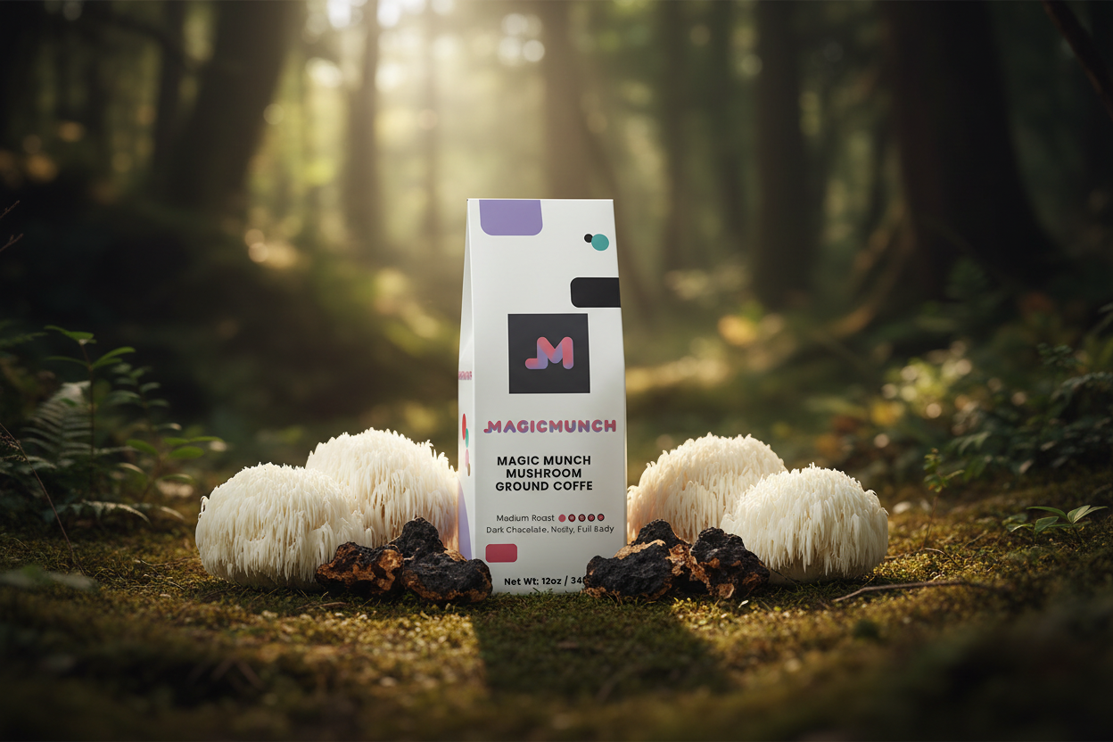 functional-mushroom-coffee-with-lions-mane-and-chaga-mushrooms-in-a-forest