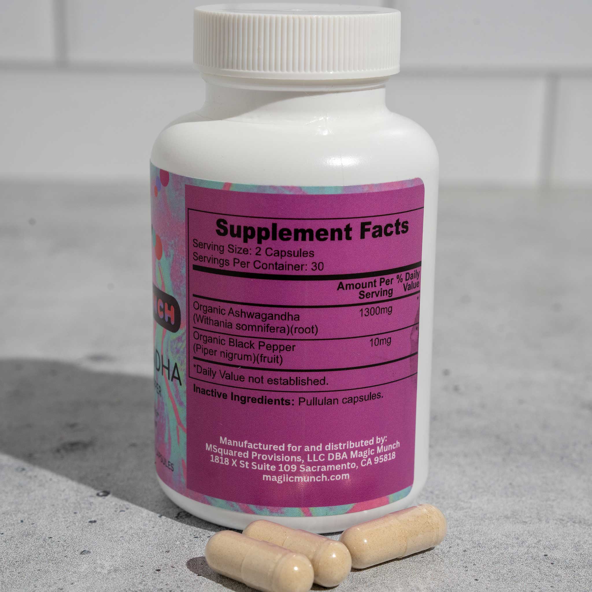 Organic Ashwagandha Supplement Supplement Facts Side Panel - 500mg Root Extract for Stress Relief and Energy