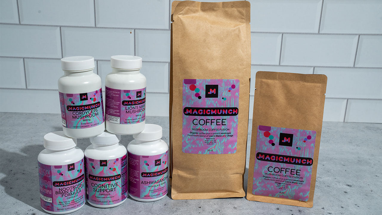 A picture of all of magic munch's products, with the white round bottles for the capsules and the brown large and small bags for the mushroom-infused coffee
