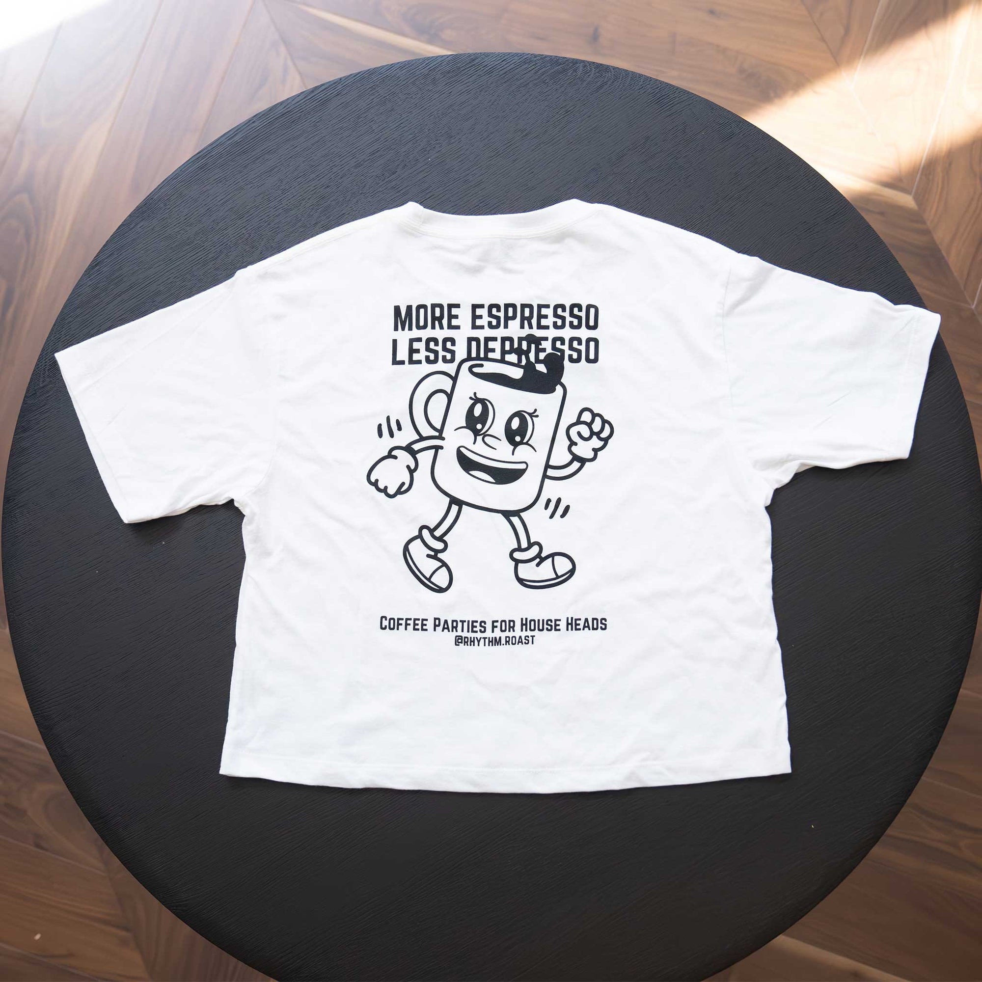 Rhythm & Roast Merch - 'More Espresso Less Depresso' Crop Tee - Women