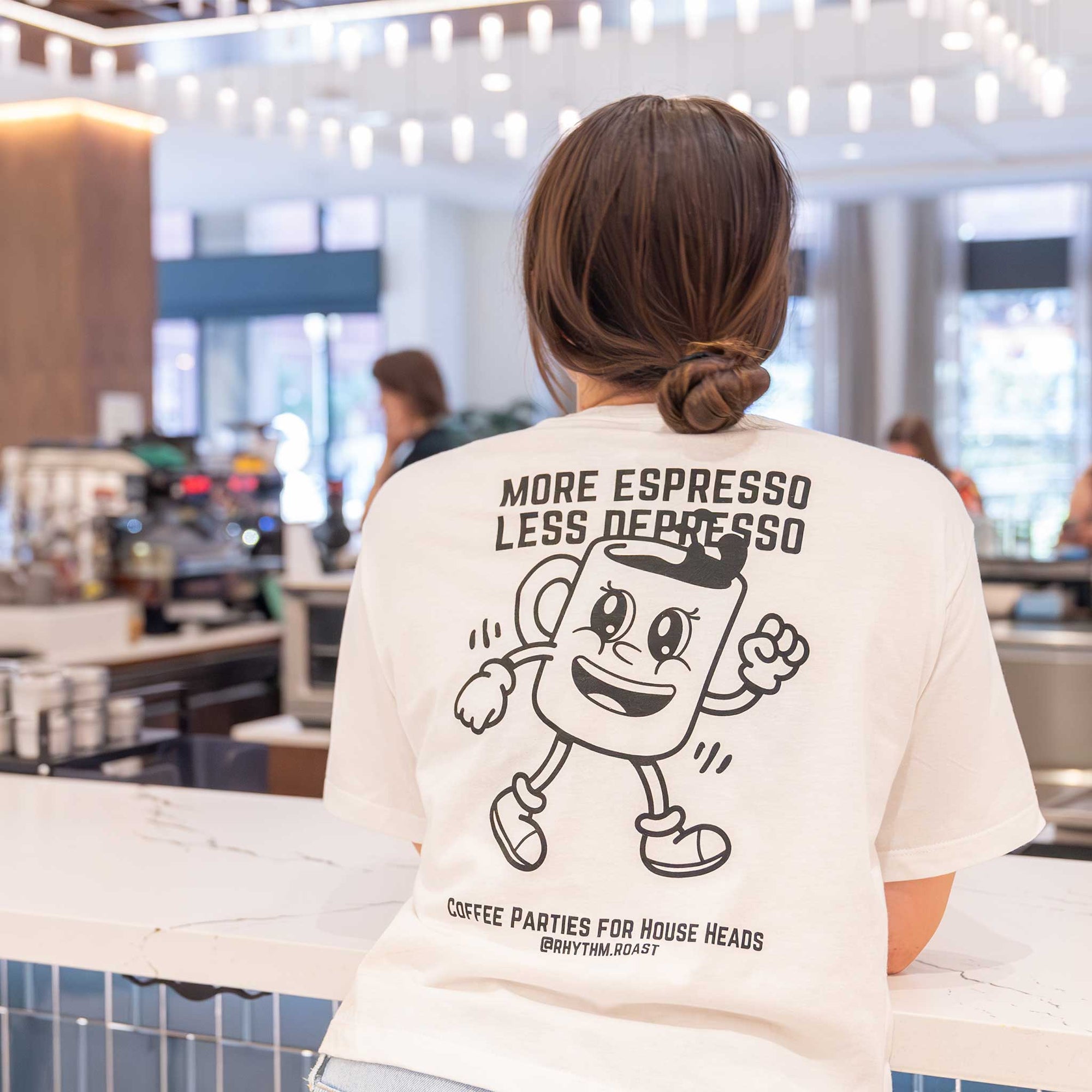 Rhythm & Roast Merch - 'More Espresso Less Depresso' Crop Tee - Women