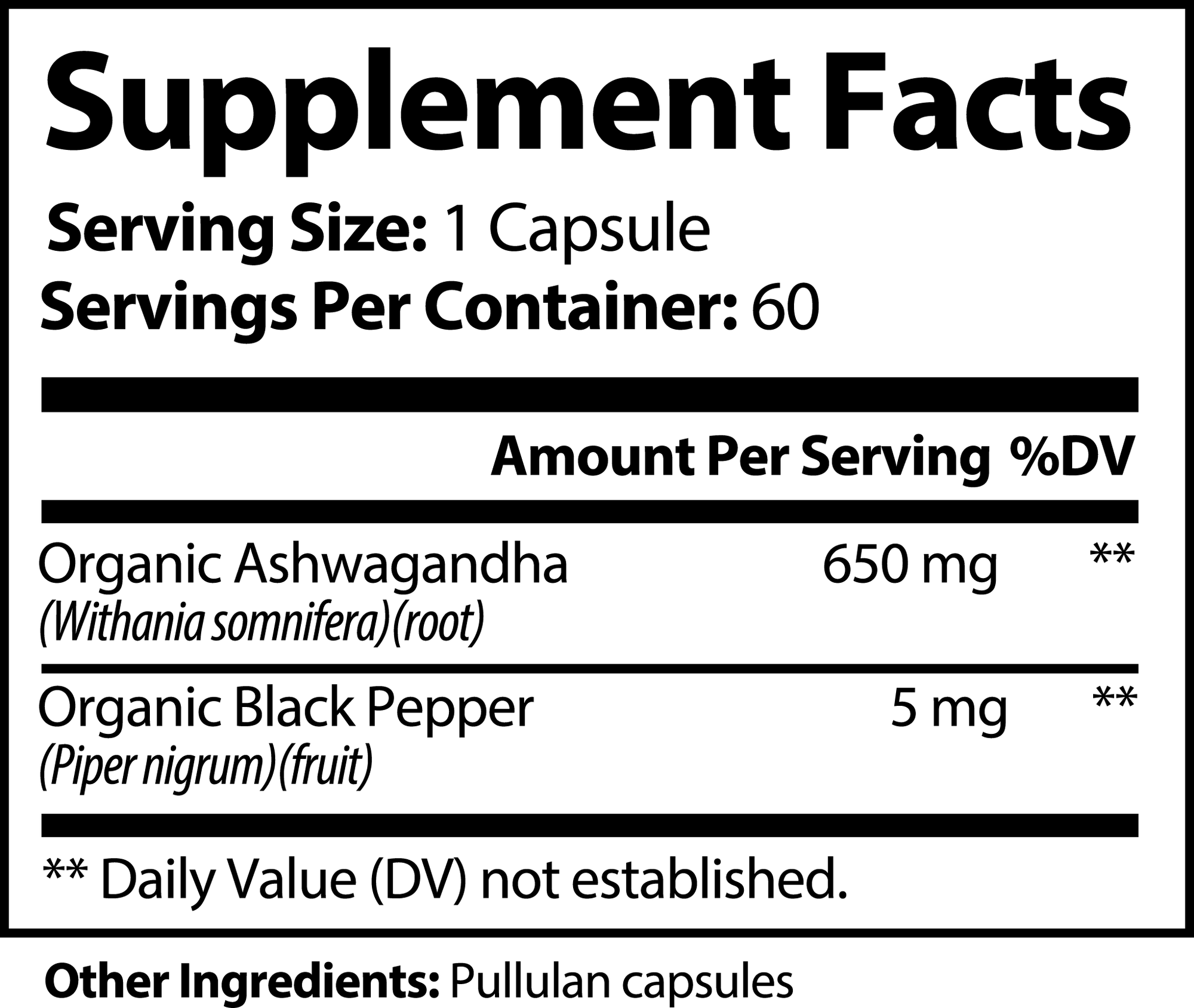 Organic Ashwagandha Supplement - Supplement Facts for  500mg Root Extract for Stress Relief and Energy