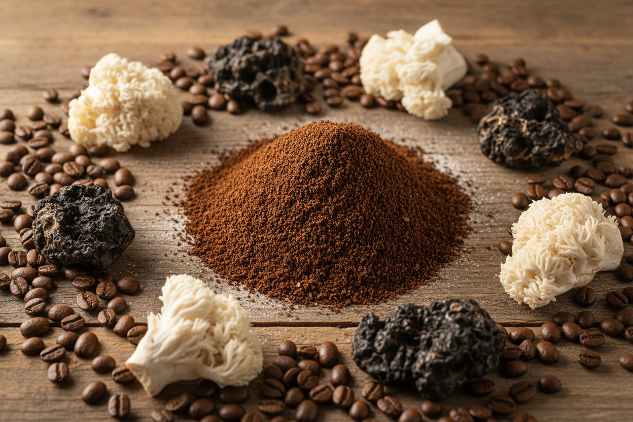 mushroom coffee grounds in the center of a table, with functional mushrooms (lion's mane and chaga) whole mushrooms around the grounds and coffee beans spread throughout the table